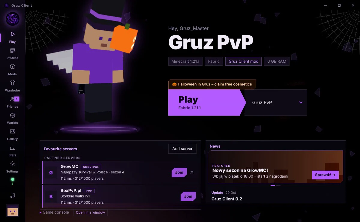 Gruz Client – Play screen